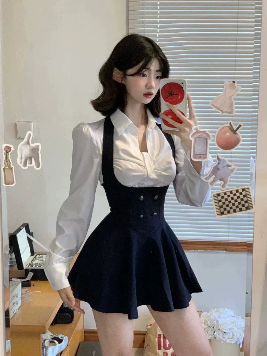 High-waisted suspender mini dress set