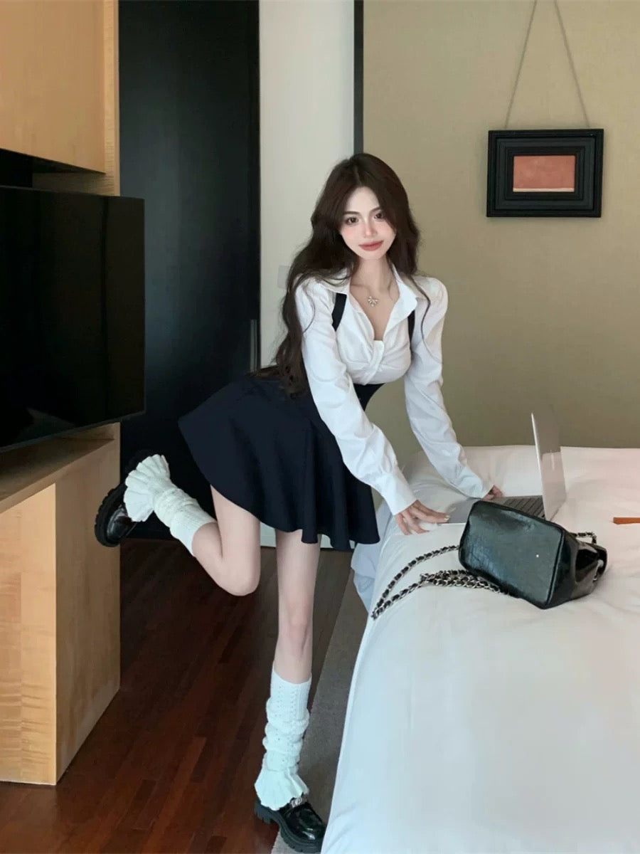 High-waisted suspender mini dress set
