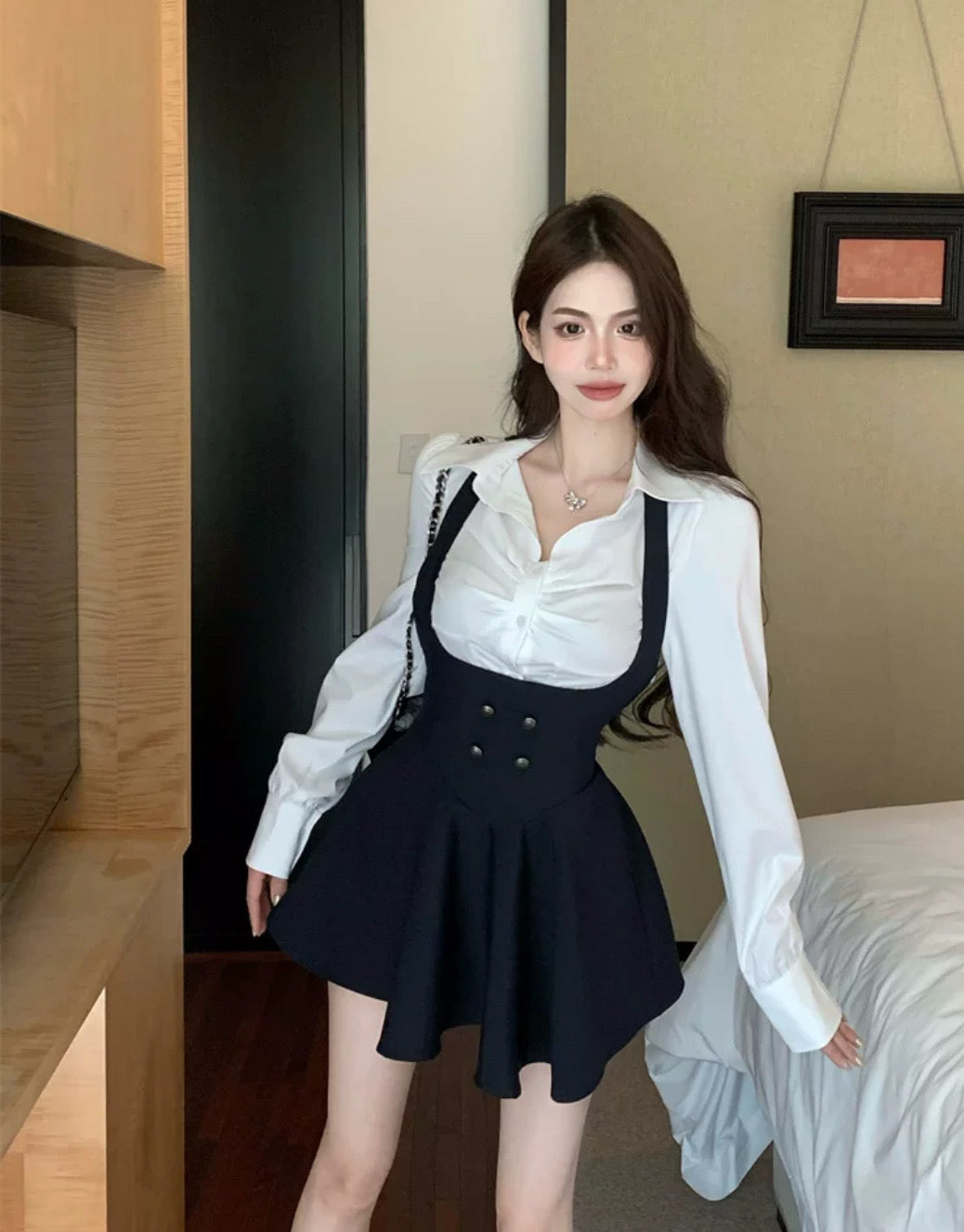 High-waisted suspender mini dress set
