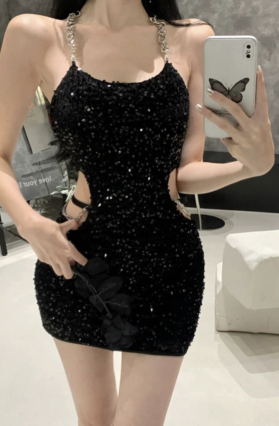 Black sequin mini dress