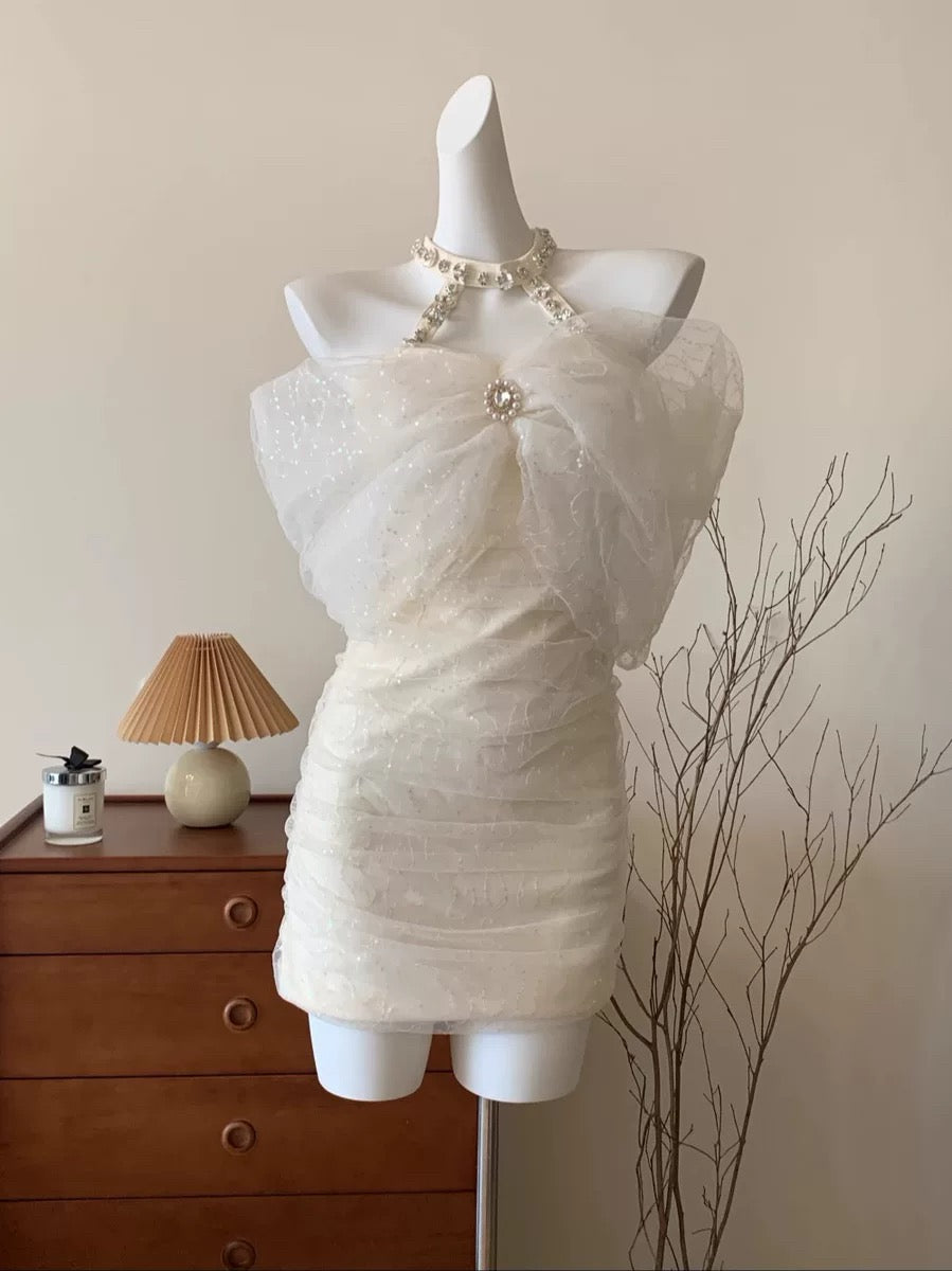 Halter neck ruched White dress