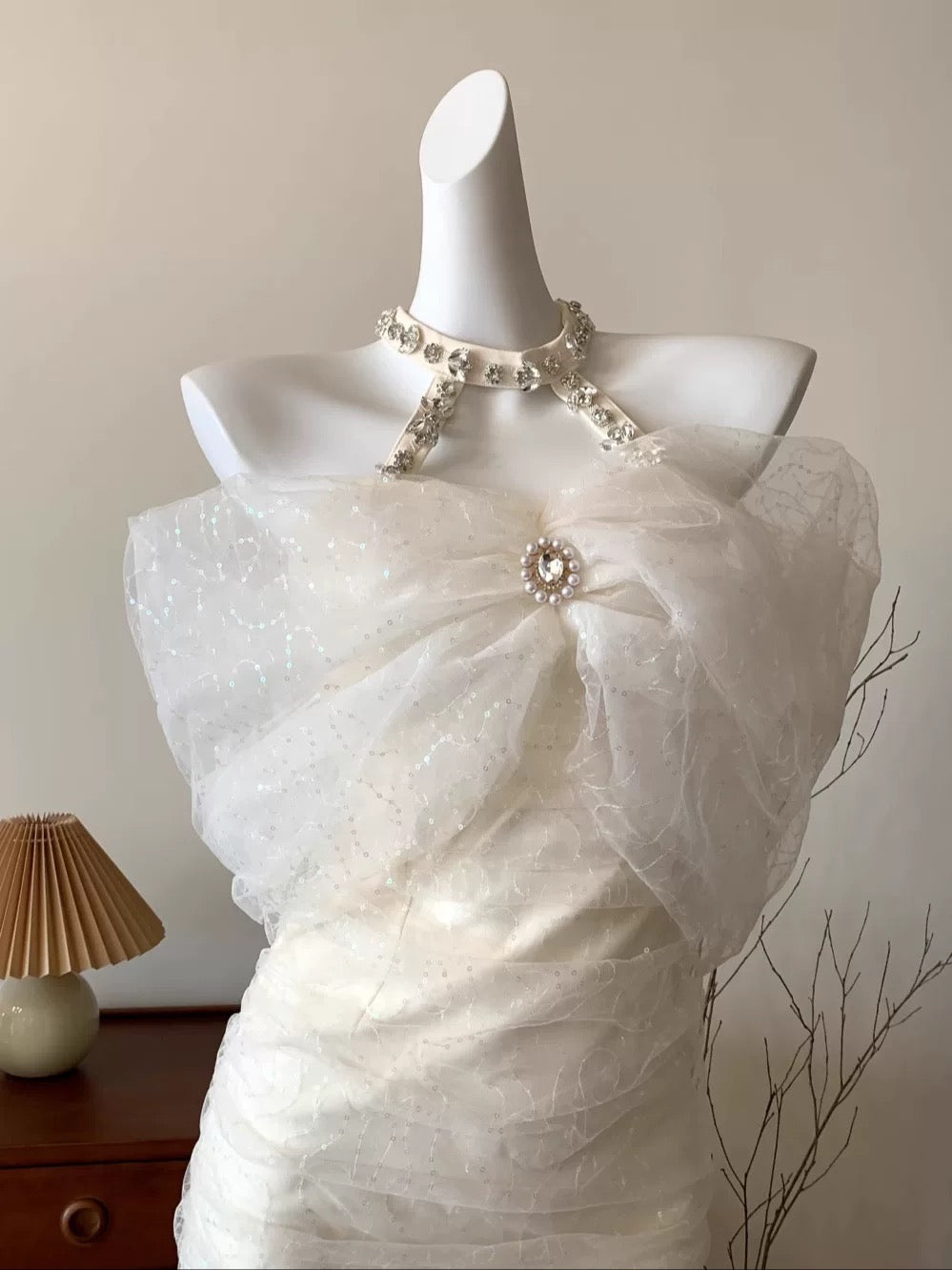 Halter neck ruched White dress