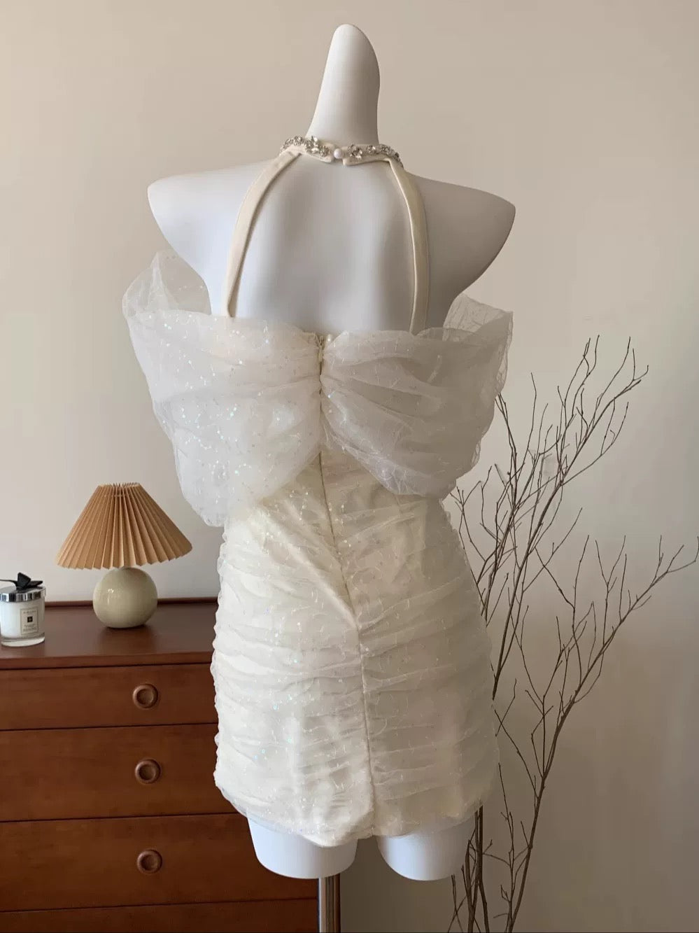 Halter neck ruched White dress